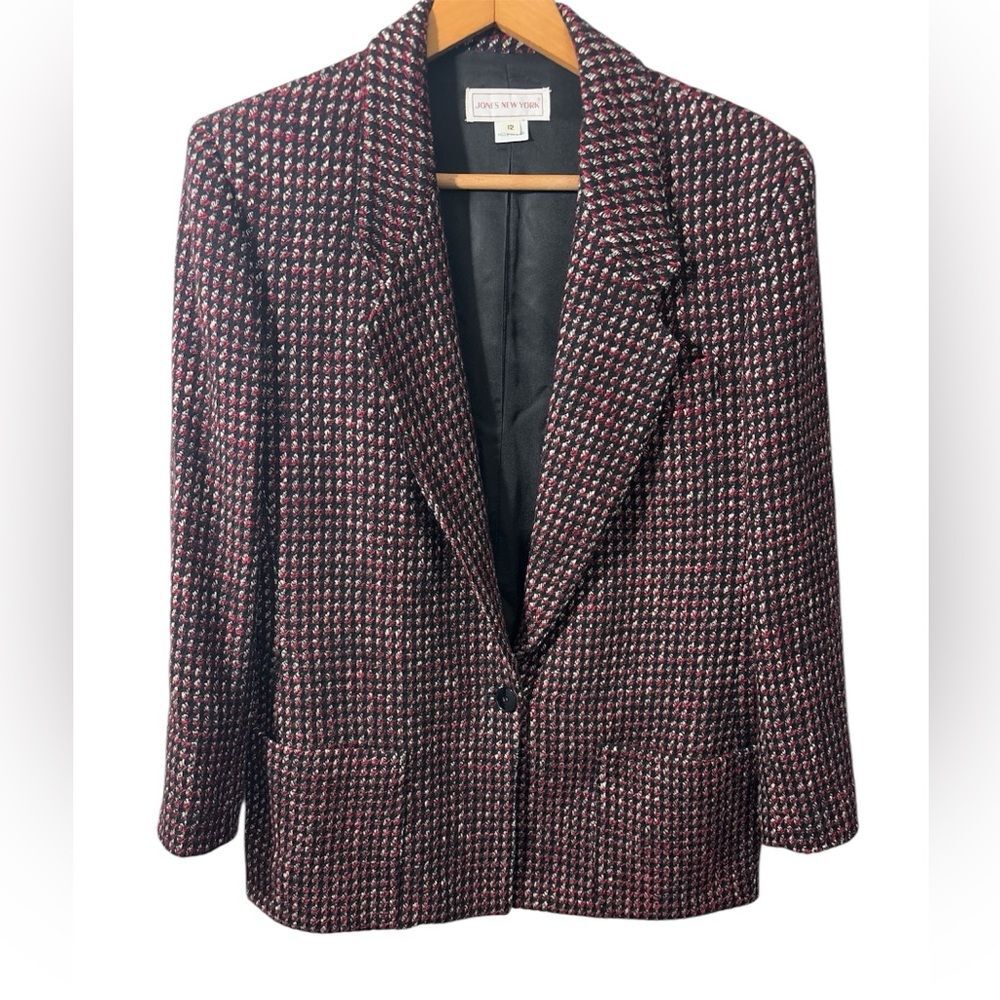 Vintage Jones New York Houndstooth blazer Wool Red Black size 12 career 80s 90s